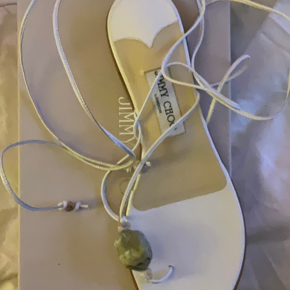 NEW JIMMY CHOO lace up leg white leather sandals with natural stone 39.5 9 9.5 - Picture 6 of 8